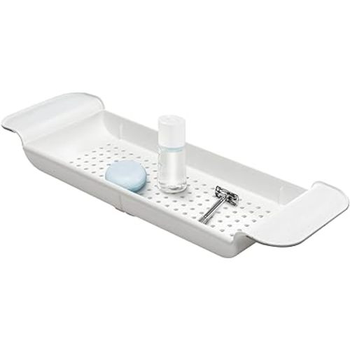 madesmart Expandable Bath Shelf, Adjustable Bathtub Tray for Bath-Night, Holds Glasses, Soaps, Toys & Bath Essentials, Non-Slip Grip, Fits Most Tubs, White