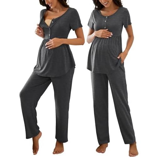 JiniGolla Women's Maternity Nursing Pajama Set Breastfeeding Loungewear Mama Clothes Short Sleeve Top & Pants Pregnancy PJS