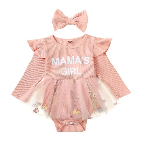 Baby Girl Fall Clothes Cute Long Sleeve Mesh Tutu Romper Dress Infant Newborn Dress (MAMA'S GIRL-Pink, 3-6 Months)