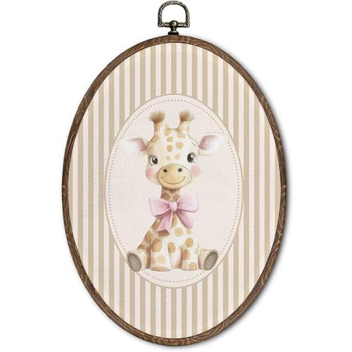 FLAWAFLOMA Vintage Giraffe Nursery Oval Wall Art Decor, Kids Room Canvas Wall Art Framed, Preppy Giraffe Hanging Decorations for Kids Toddler Boy Girl Nursery Room Bedroom Decor, 8.6x11.4 Inch