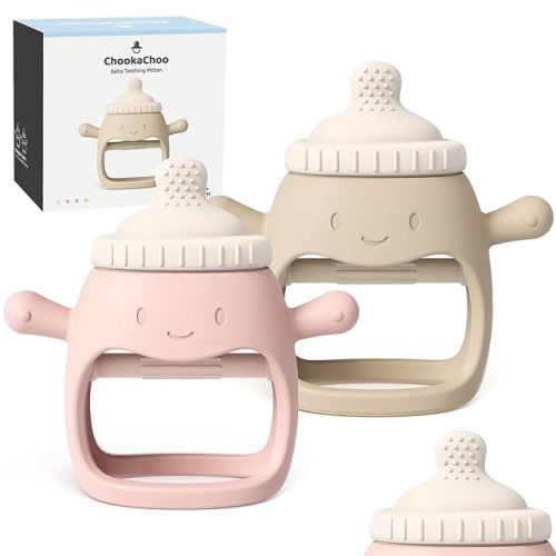 ChooKaChoo 2 Pack Baby Teething Toy for Over 3 Months, Food Grade Silicone Teething Mitten, Anti Dropping Wrist Hand Teethers Baby Chew Toys for Sucking Needs, BPA Free (Duckie)