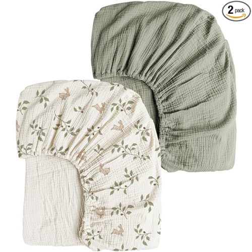 Konssy Muslin Crib Sheets 2 PCS, 100% Cotton Baby Crib Sheets for Standard Crib Mattress (28"x 52"), Soft and Breathable for Boys, Girls (Rabbit,Fog Green)