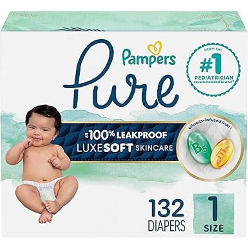Pampers Pure Protection Baby Diapers, Size 1 (8-14 lbs), 132 Count, Up to 100% Leakproof, Premium Plant-based Skin Protection, Hypoallergenic Soft Diapers
