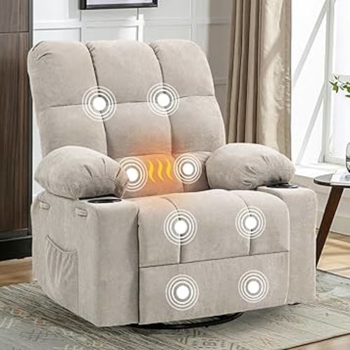 Massage Rocker Recliner Chair with Heat Oversized 360° Swivel Glider, Manual Comfy Overstuffed Single Sofa with Cup Holders, Side Pocket, for Bedroom, Living Room-Oatmeal Gray