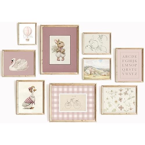 Pink Nursery Wall Art Baby Girl Room Canvas Wall Decor Vintage Girl Nursery Prints Decor Pink Bunny Pictures Vintage Floral Poster Kids Swan Flower Painting Artwork for Bedroom 12x16x9 Inch Unframed