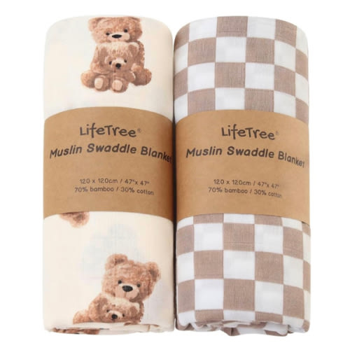 LifeTree Muslin Swaddle Blankets, Baby Swaddling Wrap Nursery Blanket Unisex, Soft 70% Viscose from Bamboo and 30% Cotton, Large 47 x 47 inches, Bear & Checkered Swaddle Blanket