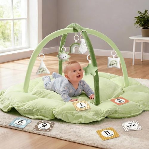 5-in-1 Thick & Plush Baby Play Gym, Baby Play Mats for Floor, Tummy Time Mat with 6 Toys, Convertible Stage-Based Developmental from Babies to Toddlers, Ball Pit, Green