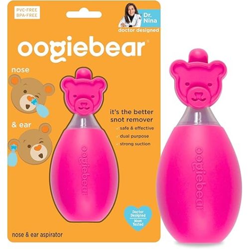 oogiebear: Baby Nasal Aspirator - Safe Booger & Earwax Remover for Newborns, Infants, Toddlers - Better Syringe, Airtight Suction, Nose Sucker - Essential Baby Stuff, Diaper Bag Must-Haves, Pink