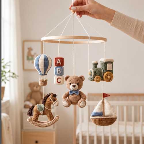 Crochet Baby Mobile, Bear Train Hot Air Balloon Crib Mobile, Rocking Horse Sailboat Nursery Decor, Handmade Baby Shower Gift