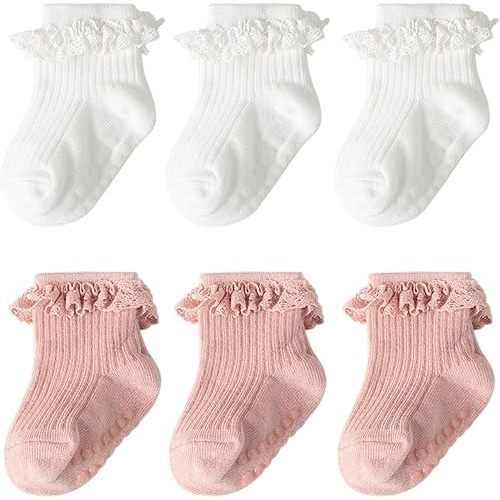 6-12 M | DRESHOW BQUBO Baby Girls Toddler Anti Slip Socks - Cute Frilly Ruffle Grip Ankle Socks for Infant Toddler