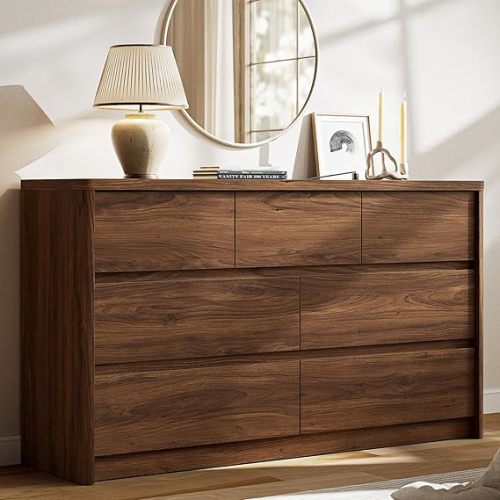 Now Mais 7 Drawer Walnut Dresser for Bedroom, 55" Wide Modern Chest of Drawers with 7 Large Storage Space with Curved Edge Design, Large Dresser for Bedroom,Walnut