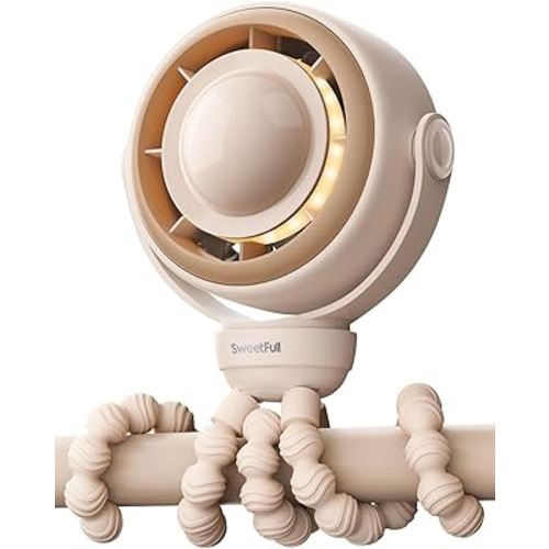 SWEETFULL Portable Pram Fan, 4 Speed Baby Stroller Fan, 360° Rotate Clip on Fan with LED Display & Night Light, 4000mAh Rechargeable Quiet Mini Safe Fan for Desk, Car Seat, Hand, Travel, Brown