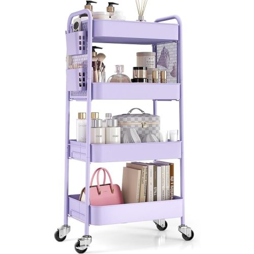 TOOLF 4 Tier Rolling Cart, Metal Utility Storage Cart with Pegboard, Purple