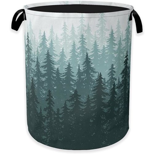 Foggy Forest Laundry Hamper,Green Tree Clothes Hamper for Laundry,Waterproof Oxford Toy Storage Collapsible Hampers for Bedroom, Dorm Room,Bathroom,16x20 Inch