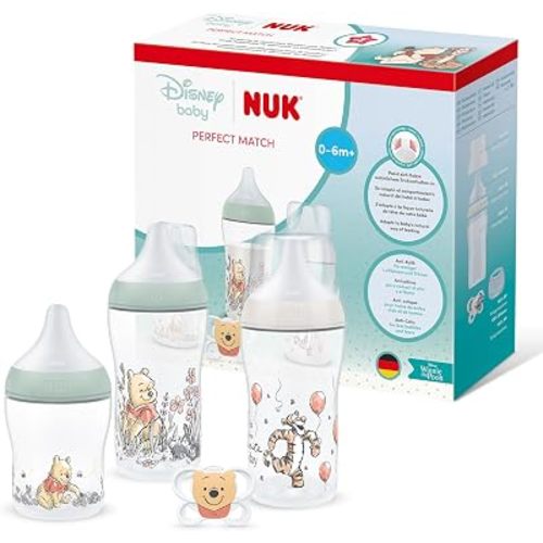 NUK Perfect Match Baby Bottles & Dummy Set, Anti-Colic Design, 0–6 Months, Bottles & Air Dummy, 4 Piece Set, Disney Winnie the Pooh