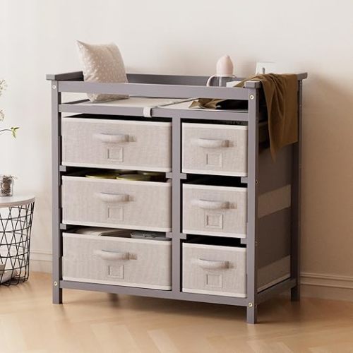 YUFU Changing Table, Nursery Dresser with 6 Storage Drawers, Safety Rails & Strap, Baby Diaper Changing Station, Gray