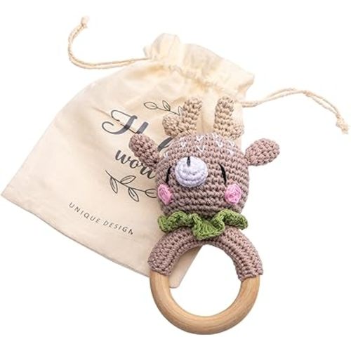 Wooden Baby Rattle Lovely Crochet Elk Ring Rattle, Newborn Animal Rattle Toys, Baby Toys for Baby and Infant, Brown Elk
