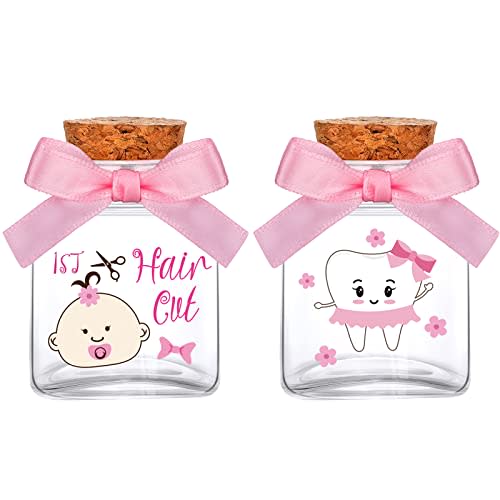 Eaasty 2 Piece Baby Keepsake Box Glass Baby First Teeth Curl Haircut Keepsake Holder for Boys and Girls(Pink,Girl Pattern)