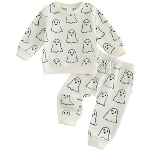Bagilaanoe Halloween Outfit Toddler Baby Boy Long Sleeve Sweatshirt Pullover and Pants Ghost Printed Clothes Set