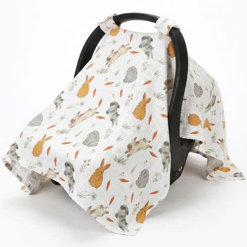 Metplus Car Seat Cover Baby, 100% Muslin Cotton Infant Carseat Covers for Boys and Girls, Lightweight Breathable Canopy, Summer Stroller Sun Shade, Newborn Travel Essentials(Rabbit)