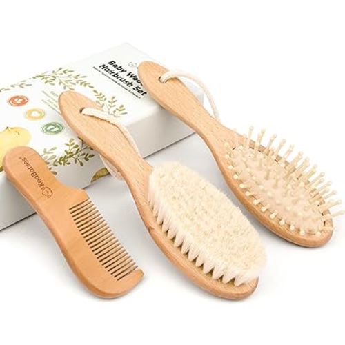 Baby Hair Brush and Comb Set for Newborn - Wooden Baby Hair Brush Set with Soft Goat Bristle, Baby Brush Set for Newborns, Baby Brush and Comb Set Girl,Toddler Cradle Cap Brush (Oval, Walnut)
