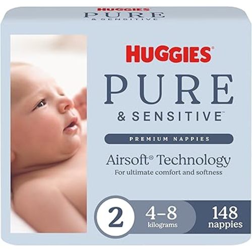 Huggies Pure & Senstive Nappies Size 2 (4-8Kg), 148 Ct (2x74 Pk)