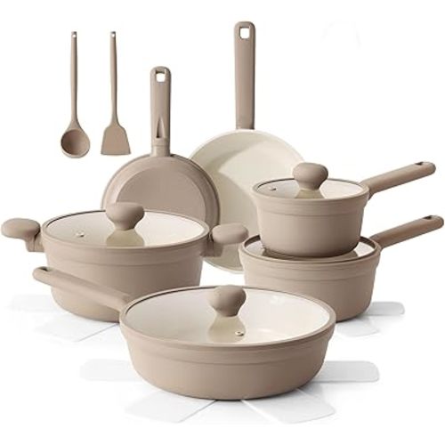 SENSARTE Ceramic Nonstick Pots and Pans Set 17pcs, Healthy Induction Cookware Set, Nontoxic Kitchen Cooking Set with Skillets & Saucepans, Stay-cool Handles, PFAS PTFE PFOA PFOS Free,Taupe