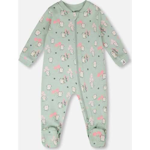 Organic Cotton Baby One-Piece Pajamas, Green Kitten Print - Deux par Deux | Maisonette