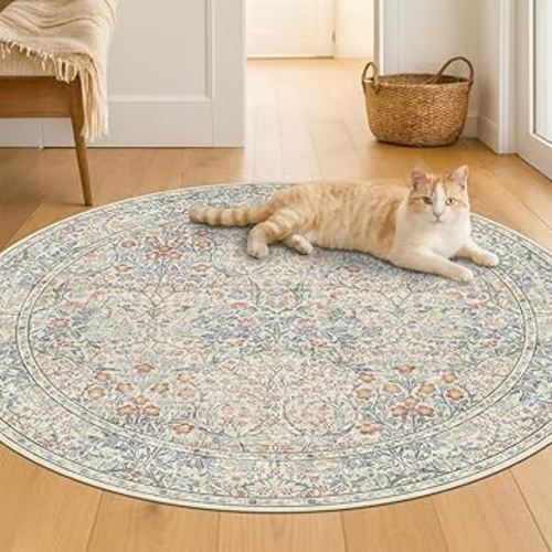 Beige Blue 4ft Round Rug for Entryway - Small Circle Rug for Nursery, Living Room, Bedroom, Home Office, Boho Washable Non Slip Soft Carpet Décor