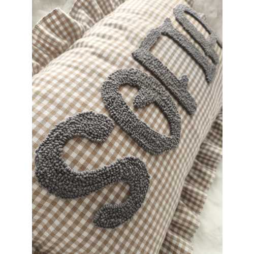 Personalized Ruffle Pillow, Beige Gingham Baby Cushion, Embroidered Name Punch Needle Pillow, Custom Nursery Kids Room Gift