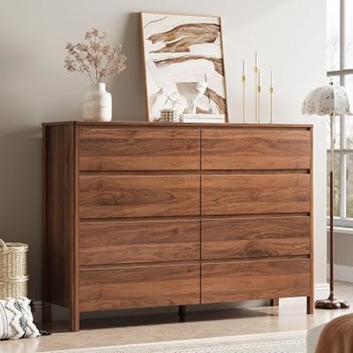 MAISONARIA Walnut 8 Drawer Dresser for Bedroom, 55" Wide Modern Chest of Drawers with Hidden Handles, Fluted Wood TV Stand for Living Room, Hallway