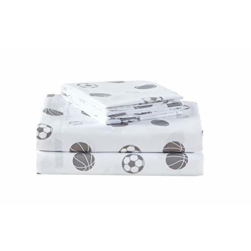 Chezmoi Collection 3-Piece Kids/Teens Sports Sheet Set - Soft Microfiber White Gray Baseball Basketball Football Soccer, Twin Size