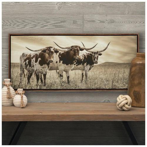 Three Longhorn Cows Framed Canvas Wall Decor