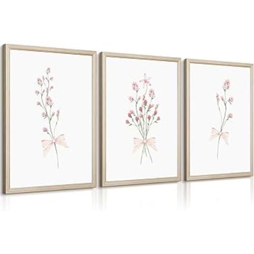 Nursery Flower Wall Art Girl Floral Canvas Wall Decor Boho Wildflower Art Poster Pink Bow Pictures Nursery Floral Prints Vintage Botanical Artwork for Girls Room Bedroom 12x16 Inch Wood Framed 3Pcs