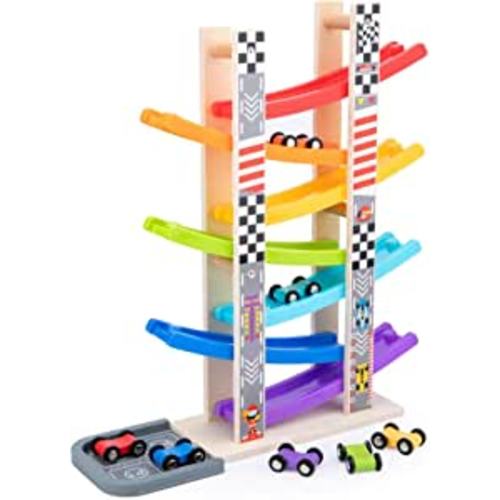 WOOD CITY Toddler Toys for 1 2 3 Years Old, Wooden Car Ramp Racer Toy Vehicle Set with 7 Mini Cars & Race Tracks, Montessori Toys for Toddlers Boys Girls Gift