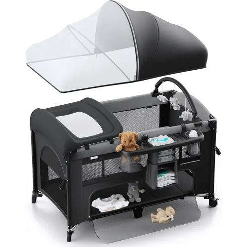 4 in 1 Baby Bassinet with Bedside Sleeper, Baby Crib, Playard, Changing Table, Comes with Toy Bar, Mattress, Mosquito Net, Bottom Storage - Obee Odee