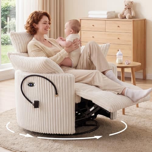 Corduroy Power Recliner Nursery Chair with USB & Adjustable Headrest, White | Headrest Adjusts 44" and tilts 55°, 300° Silent Swivel, 30° Rocking, Gentle Glider, Phone Holder, 2 Pillows, USB Port, 400LBS