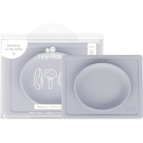 ezpz Tiny Plate (Pewter) - 6 Months+ - 100% Silicone Suction Placemat + Plate for Infants - Fits on Most Highchair Trays - Baby Led Weaning Supplies