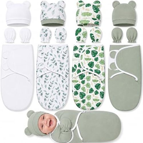 4 Sets Preemie Swaddle Blanket with Hats and Mittens, Pure Cotton Breathable Newborn Swaddle Baby Wraps, Soft Adjustable for Preemie Girls Boys, Newborn Gift(Nature Style)