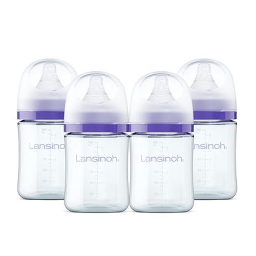Lansinoh Anti-Colic Glass Baby Bottles, 5 Ounces, 4 Count Bottles for Feeding, Baby Essentials, Includes 4 Slow Flow Nipples, Size S