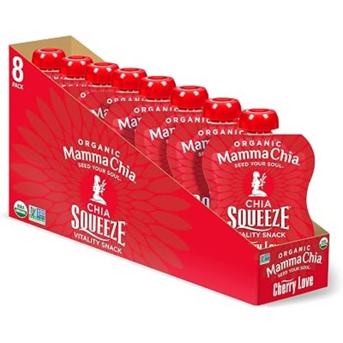 Mamma Chia Organic Vitality Squeeze Snack, Cherry Love, 16 bocadillos Chia Vitality Squeeze de 3.5 onzas, USDA orgánico, sin OGM, vegano, sin gluten y kosher (paquete de 16)
