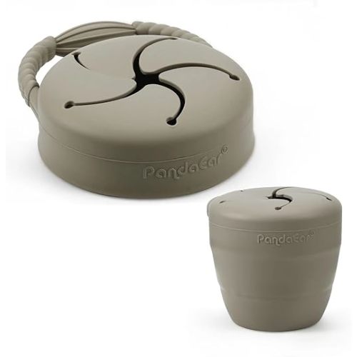 PandaEar Silicone Snack Containers, Collapsible Toddler Snack Cups Spill Proof Food Catcher for Toddler Baby, Pack of 2 -Light Tan/Walnut