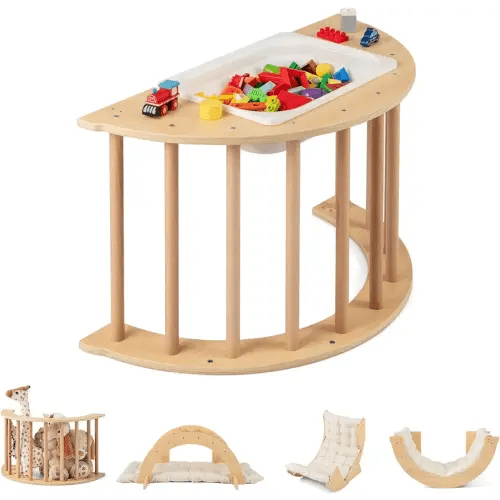 INFANS Wooden Arch Climber Rocker with Soft Cushion, 6 in 1 Montessori Climbing Toys for Toddlers, Waldorf Indoor Table Baby Children Ladder Gym Learning Playset Gift for Kids Boys Girls (Natural)