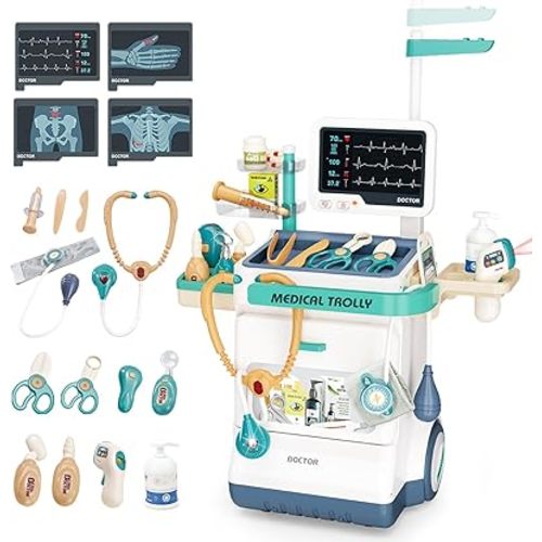 Doctor Kit for Kids 26 Accessories Pretend Medical Station Set for Boys & Girls Mobile Cart with Stethoscope and Medical Toy Accessories for Ages 3 and Up Children Role Play Educational Toys