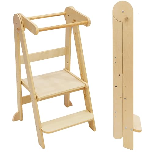 Foldable Toddler Tower 95% Preassembled Kitchen Stool Helper Folding Step Stool for Kids with 3 Adjustable Height Montessori Toddler Standing Tower for Kitchen Counter Sink Natural