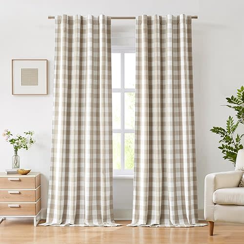 Beige White Buffalo Plaid Blackout Curtains 84 Inches Long for Bedroom Living Room,Thermal Insulated Noise Reducing Drapes,Vintage Farmhouse Window Treatment,Rod Pocket Back Tabs,40"Wx84"Lx2