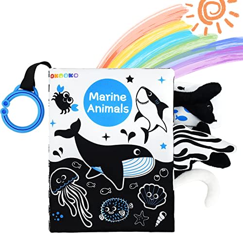 OKOOKO Soft Cloth Book for Baby Marine Animals Tails Book High Contrast Baby Bath Book Non-Toxic Crinkle Washable Sensory Stroller Toy Early Education Toy for Babies Infants Toddlers Kids