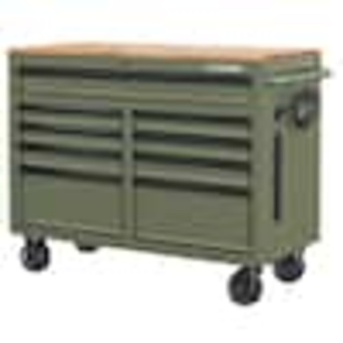 Husky 46 in. W x 18.1 in. D 9-Drawer Army Green Mobile Workbench Cabinet with Solid Wood Top H46X18MWC9ARMY