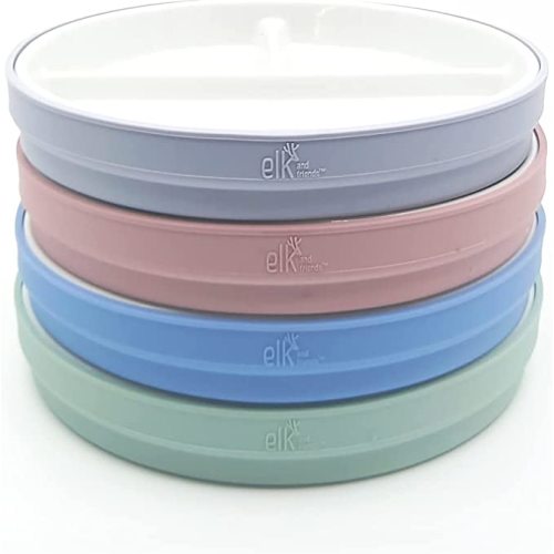 Elk and Friends Kids 6.7” Porcelain White Plates with Silicone Sleeves | Divided Plates | Suitable for Kids/Toddlers | Microwave & Dishwasher Safe | Non Slip | Snack Dishes… - Blush/Lilac/Sage/MistyBlue - 6.7" Divided