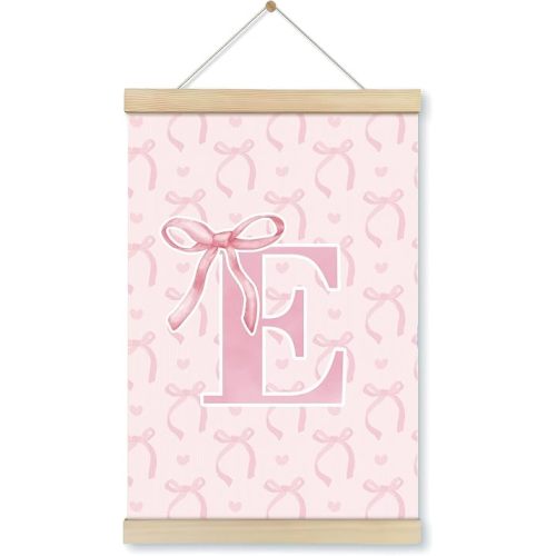 Locomiss Coquette Pink Bow Preppy Girly Wall Art With Wooden Poster Hanger Frame, Pink Preppy Initial E Room Decor, Coquette Trendy Wall Decor Poster for Girls Room Bedroom Dorm, 12x16 Inch